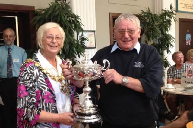 The Manchester to Blackpool Car Run. Mayor of Blackpool Cllr Kath Rowson presents the Blackpool Trophy to Michael Howells from Manchester for his winning car a 1904 Renault Model T.