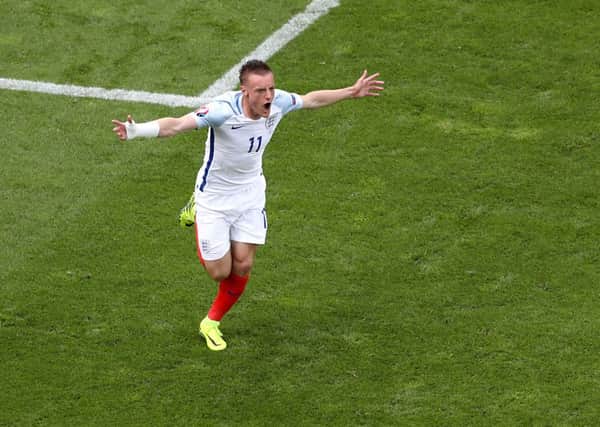 England's Jamie Vardy celebrates scoring against Wales