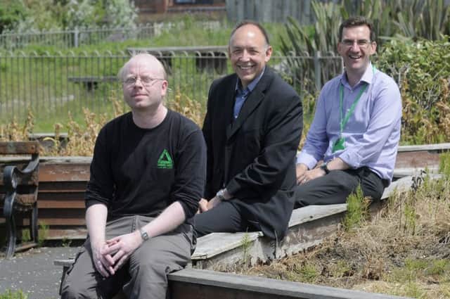 Groundwork have received money to regenerate a garden at the Solaris Centre.  Pictured are Mike Crowther (right) and Stephen Hodges from Groundwork with Peter Brooks from Blackpool Council (centre).
