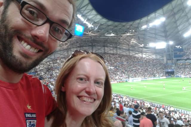 Jenny Simpson and partner Ben Robinson at the Stade Velodrome in Marseille for England v Russia at Euro 2016