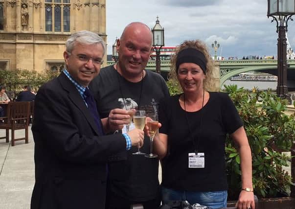 Mark Menzies MP with Graham Bainbridge and Karen Wright on the House of Commons terrace