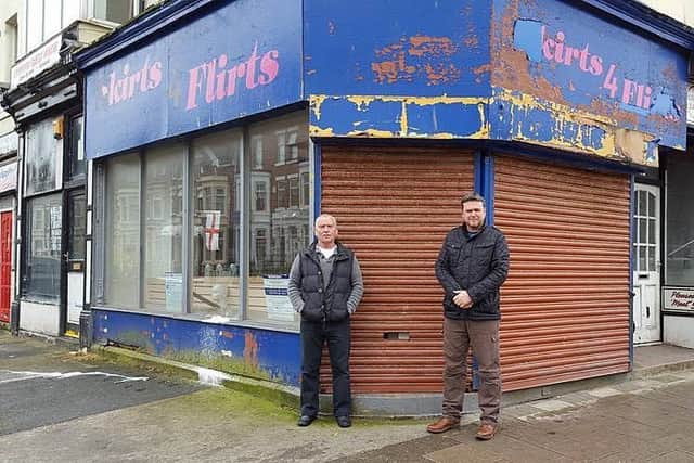 Charlie Docherty and Gerard Walsh  outside the derelict shop premises on Coronation Street