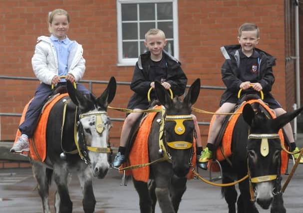 Year 2 pupils from Waterloo Primary Academy get a visit from some donkeys.  Pictured are Kalise Bernard, Harrison Sykes and Rees Beer.