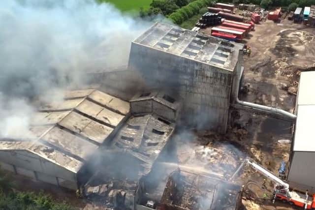Image from a drone used by firefighters tackling the Whitefire Shavings Ltd fire in Farington Moss