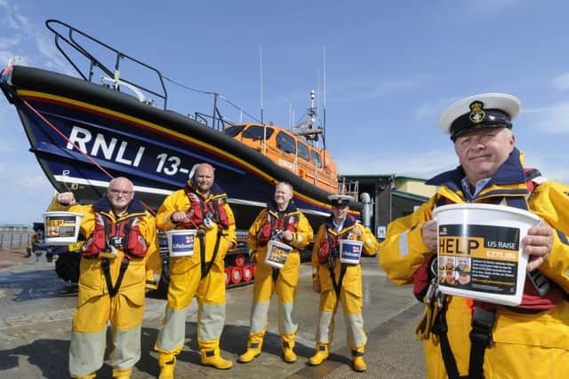 Coxswain Gary Bird launches the £275,000 appeal towards a new lifeboat with crew members Phil Da Silva, Tom Stuart, Andy Coyle and Ben McGarry