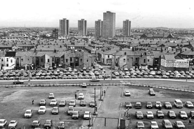 This view of the flats is no longer possible - with Sainsbury's now built on the car park at the forefront of the picture