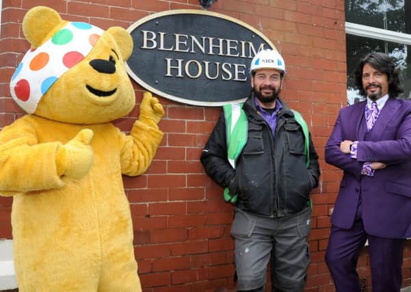 Nick Knowles, Laurence Llewelyn-Bowen and Pudsey at the DIY SOS Big Build at Blenheim House in Newton Drive
