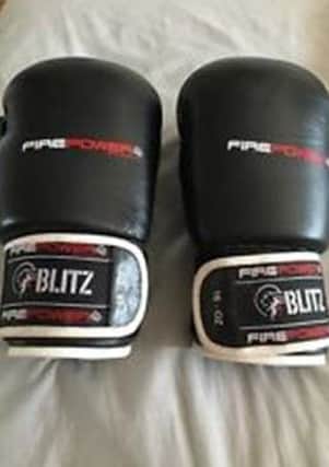 A pair of black and white Blitz Fire Power 10oz gloves with the name Mick written on them that were stolen form a vehicle in Haslingden.
