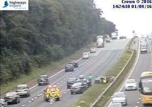 Crash on the M6 near Lancaster. Picture tweeted by Highways England