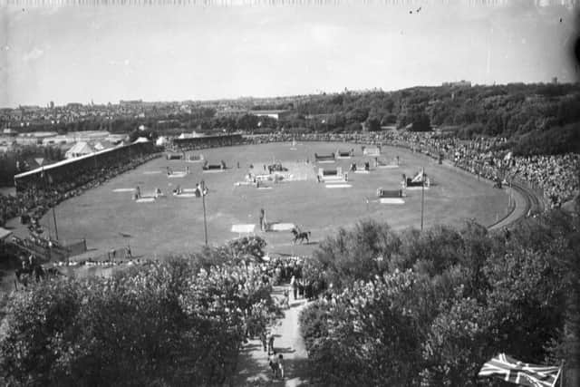 Lost archives - glass plate negative
The Royal Lancashire Show visited Stanley Park in 1949. The athletics ground (seen here from the top of the Cocker Memorial ) was used for some of the exhibits and judging, here the show jumping is in progress.
Blackpool historical dated Aug 1949