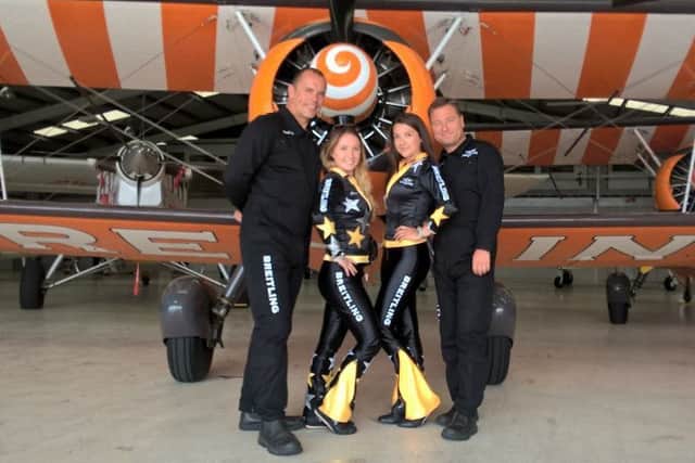 Wing walkers David Barrell, Florence Rollerston-Smith, Nikita Salmon and Martyn Carrington at Blackpool Airport