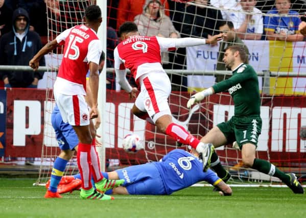Fleetwood Town's Aaron Holloway scores the opening goal during the EFL Cup, First Round match at Highbury Stadium, Fleetwood. PRESS ASSOCIATION Photo. Picture date: Wednesday August 10, 2016. See PA story SOCCER Fleetwood. Photo credit should read: Richard Sellers/PA Wire. RESTRICTIONS: EDITORIAL USE ONLY No use with unauthorised audio, video, data, fixture lists, club/league logos or "live" services. Online in-match use limited to 75 images, no video emulation. No use in betting, games or single club/league/player publications.