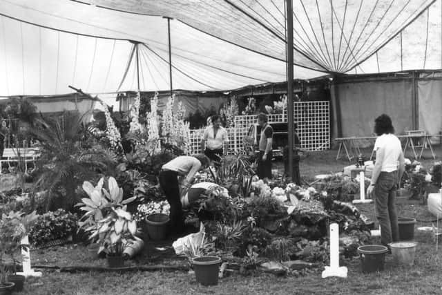A marquee is transformed into a garden of living colour at the 1973 Royal Lancashire Show at Ribby Hall