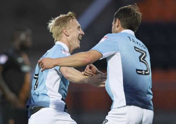 Mark Cullen celebrates his goal with Andy Taylor