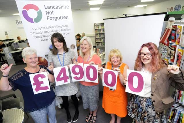 Launch of Lancashire Not Forgotten dementia project at Moor Park Library.  Celebrating are L-R Christine Bradshaw from Bispham Gala, Gill Dowling from Empowerment, library team leader Jane Berry, head of libraries Elaine Midgley and arts and heritage apprentice Ruth Cook.
