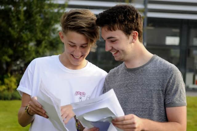 A Level Results Day - Blackpool Sixth Form College.  Pictured are Connor Dunleavy and Chris Magrane.
