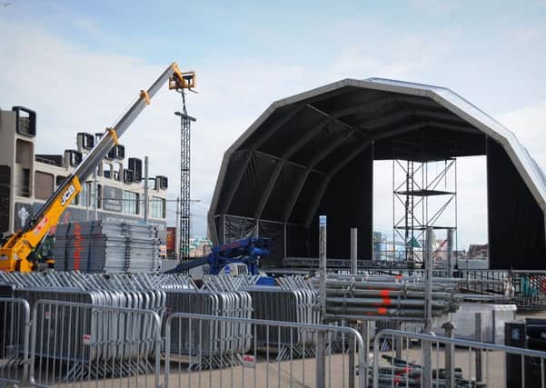 The Blackpool Illuminations Switch-On stage under construction.  PIC BY ROB LOCK 30-8-2016