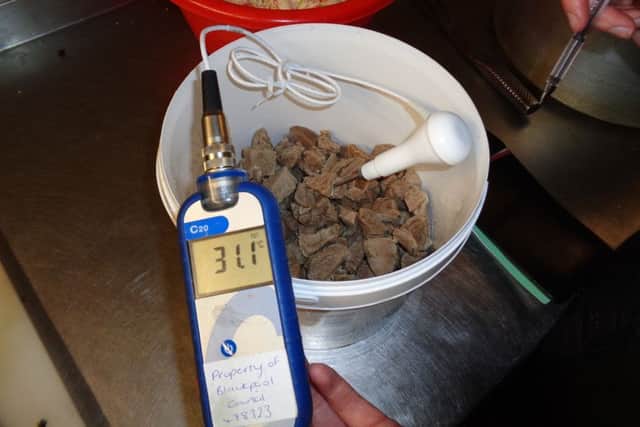 Food inspectors test the temperature of lamb