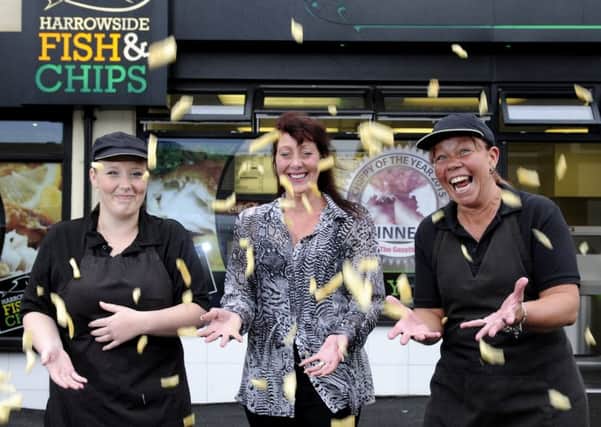 Staff from Harrowside Fish and Chips celebrate after winning Chippy of the Year 2016.  Pictured are Micha Robinson, Su Miller and Adele Openshaw.