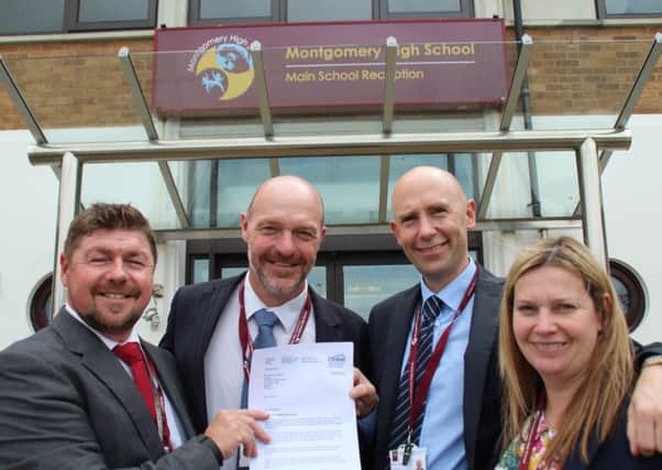 Montgomery principal Stephen Careless (second right) and predecessor Tony Nicholson (second left) celebrate the receipt of the letter from Sir Michael Wilshaw with deputy principals Mark Kilmurray and Clare Montgomery