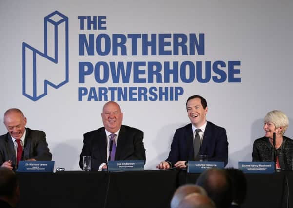 (Left to right) Sir Richard Leese  Leader of Manchester City Council, Joe Anderson Mayor of Liverpool, former Chancellor George Osborne and Dame Nancy Rothwell President and Vice Chancellor of the University of Manchester during an announcement about Osborne's Northern Powerhouse project at Manchester Town Hall, Manchester. Photo: Peter Byrne/PA Wire