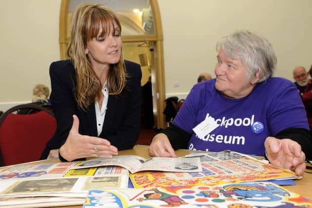 Drop-in event for the Blackpool Museum project at St John's Parish Church.  Sarah Harris talks to volunteer Carol Neale.