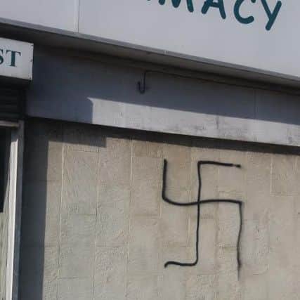 Graffiti outside St Mary's Pharmacy in Lytham Road, South Shore