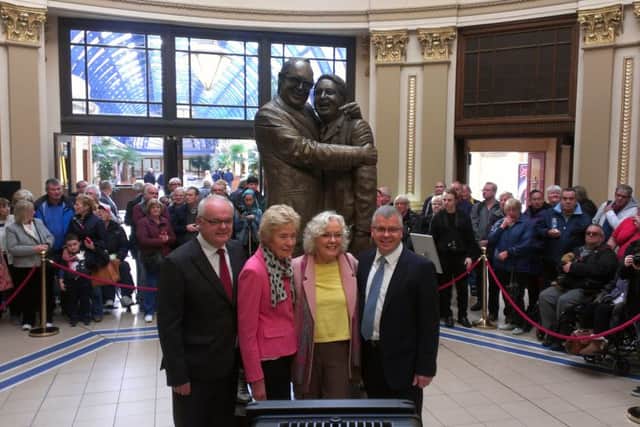 The Morecambe and Wise statue is unveiled at the Winter Gardens in Blackpool by , left to right Gary Morecambe,  Joam Morecambe, Gail Morecambe and Michael Williams from the Winter Gardens