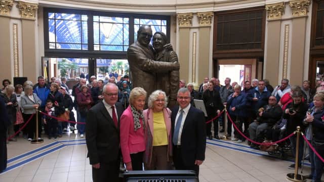The Morecambe and Wise statue is unveiled at the Winter Gardens in Blackpool by , left to right Gary Morecambe,  Joam Morecambe, Gail Morecambe and Michael Williams from the Winter Gardens