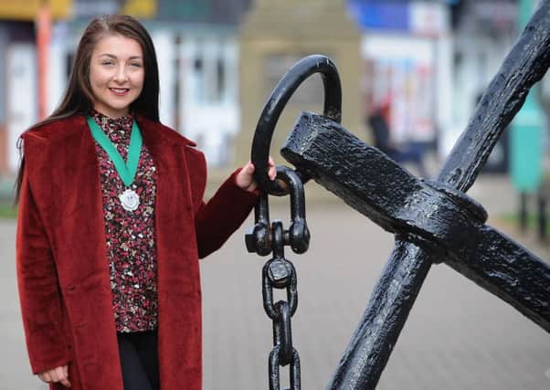 Jessica Basquill, of North Albion Street in Fleetwood, who has become Wyre Youth Mayor. Jessica next to the commemorative anchor on Fisherman's Walk.  PIC BY ROB LOCK 14-10-2016