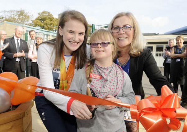 Offical opening of Pear Tree Sixth Form.  Pictured is paralympian Stephanie Slater with head girl Sophie Foy, 19, and headteacher Lesley Sullivan.