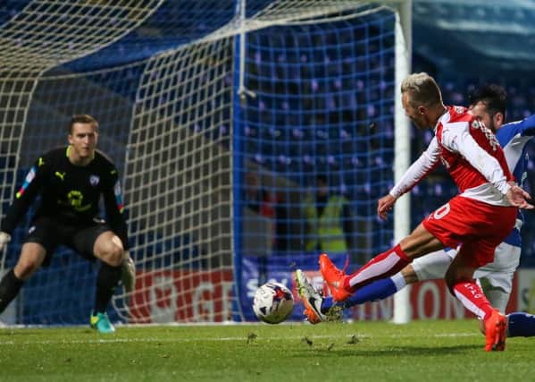 Fleetwood's David Ball shoots against Chesterfield