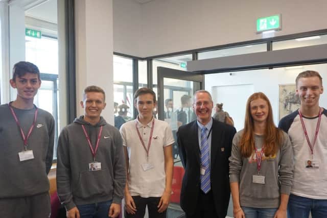 Blackpool Sixth Engineering students with Bryan Lindop at the sixth form. L-R: Sam Harrison, Liam McClean, Calum Young, (Bryan Lindop), Erin Menzies and Michael Hill.