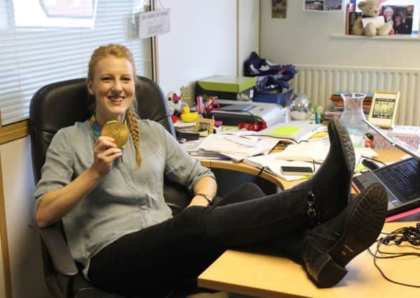 Team GB hockey gold medallist Nicola White gets comfortable during her visit to Happy Creative in Blackpool