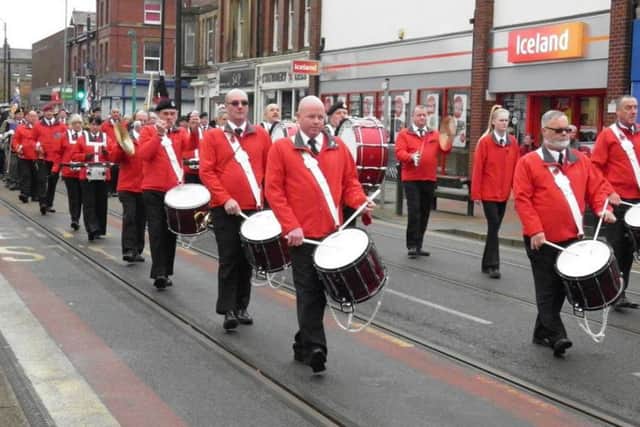 Fleetwood Old Boys Band on the march during Remembrance Day in the town.