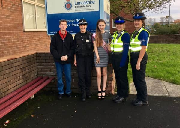 Amiee Hempsall, Miss Junior Bispham 2017 contestant (centre), with police officers outside Bispham Police Station, and Anthony Turner (left) pageant director