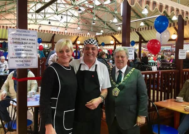 Colin Hind at Fleetwood Market cafe with Wyre Mayor  Councillor Terry Lees