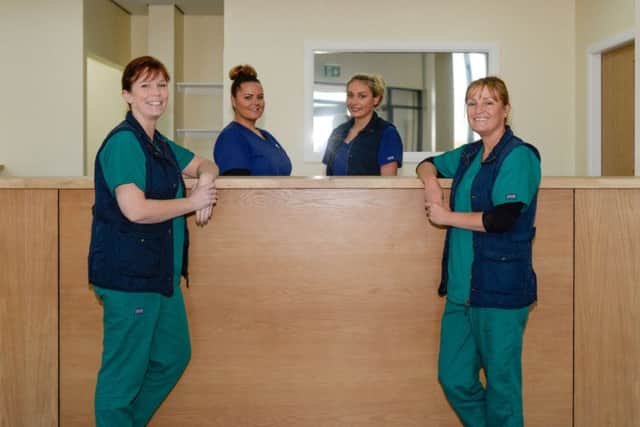 The new Norcross Vets building is nearing completion. L-R Manager Sam Gray, Ward Supervisor Janine Dagger, Trainee Nurse Decia Mortimer and Manager Tracy Knight.
