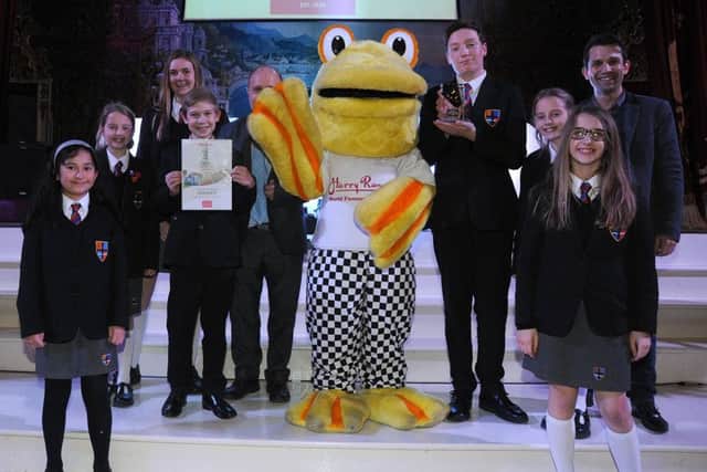 St Aidans School with the Harry Ramsden;s mascot after winning the Sustainable School of the Year Award