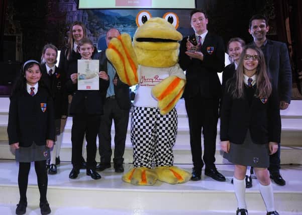 St Aidans School with the Harry Ramsden;s mascot after winning the Sustainable School of the Year Award