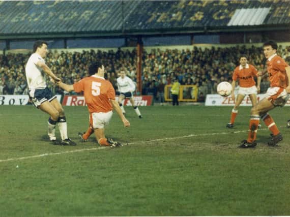 Paul Stewart scores the only goal for Tottenham as their beat Blackpool 1-0 in the FA Cup 3rd Round January 1991