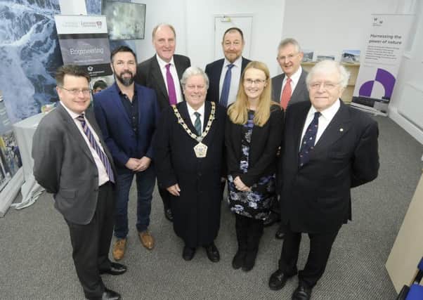 Official launch of the Natural Energy Wyre visitor centre and HQ.  L-R are David Grundy, Peter Stubbs, Andrew Henderson, mayor Terry Lees, Bob Long, MP Cat Smith, David Evans and John Epps.
