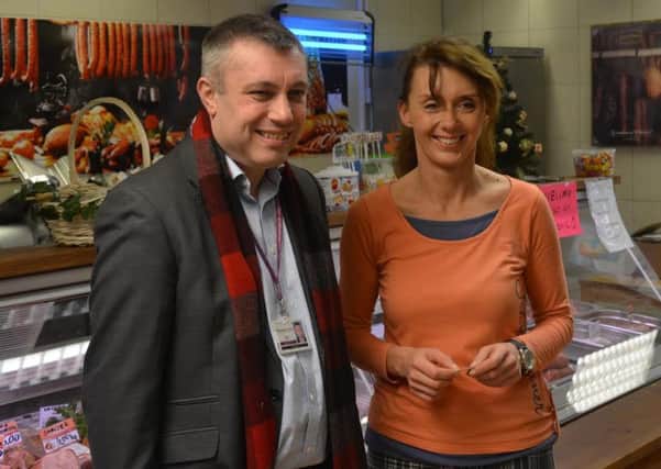 Katarzyna Lukaszewicz with Coun Mark Smith at the Waterloo Delicatessen