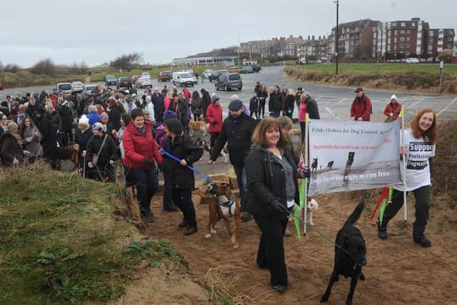 Fylde Responsible Dog Owners staged a second mass protest at Fairhaven against Fylde Council dog walking regulation plans.
Setting off on the protest walk.  PIC BY ROB LOCK
8-1-2017