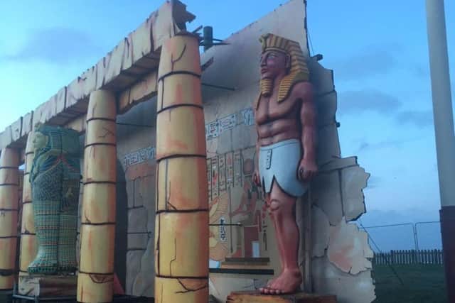 A section of the Egyptian tableau Illumination at Bispham was damaged by the strong winds (Picture: Twitter/@pulfer777)