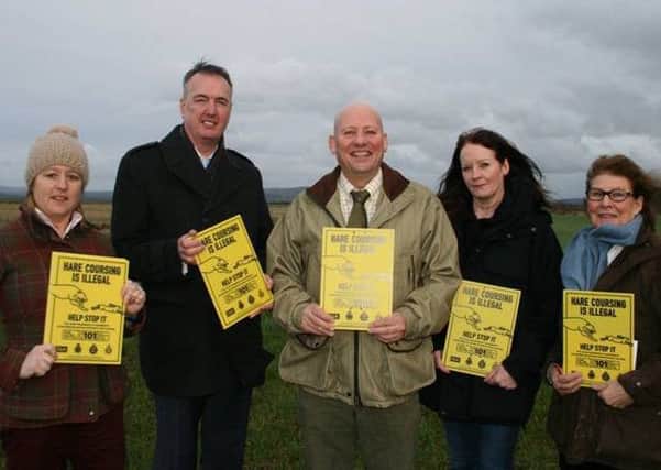 Libby Bateman (CLA North Adviser), Clive Grunshaw (Lancashire Police and Crime Commissioner), Brent Jackson (owner of smallholding in Pilling), Lorraine Ellwood (Rural and Wildlife Crime Coordinator at Lancashire Constabulary) and Barbara Mackie (CLA Lancashire Branch Committee Member). They are cracking down on hare coursing