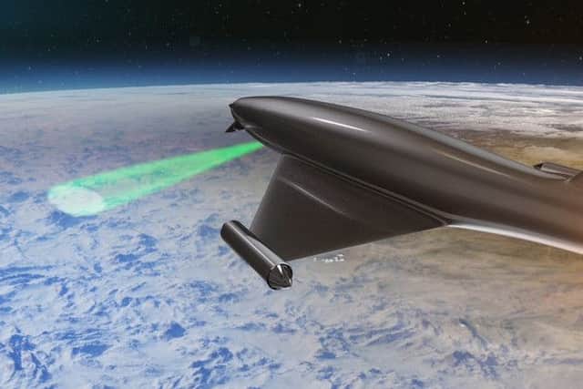 A BAE Systems artist's impression of how an aircraft using the Laser Developed Atmospheric Lens (LDAL) could create a lens to allow a clearer view of a distant target