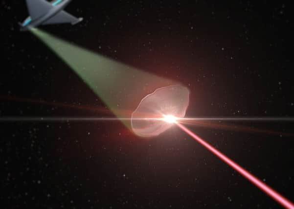 A BAE Systems artist's impression of how an aircraft using the Laser Developed Atmospheric Lens (LDAL) could create a shield against an attack by a laser weapon