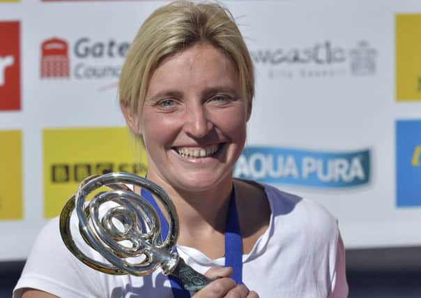 Shelly Woods after winning the Women's Elite wheelchair race of the 2015 Morrisons Great North Run, Newcastle.