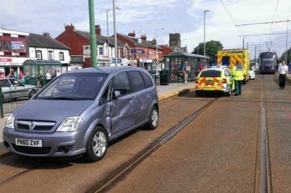 A silver Vauxhall collided with a tram on the tracks, close to where Rossall Road turns to Brighton Avenue in Cleveleys, in July 2015